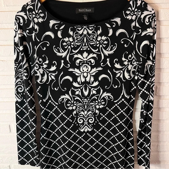 White House Black Market White and Black Scroll Pattern Jersey Dress, Size XS - Picture 5 of 8